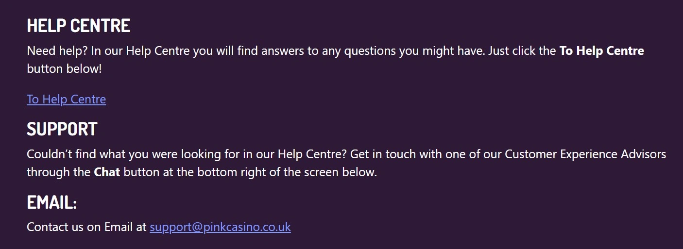 Pink Casino help centre and email support