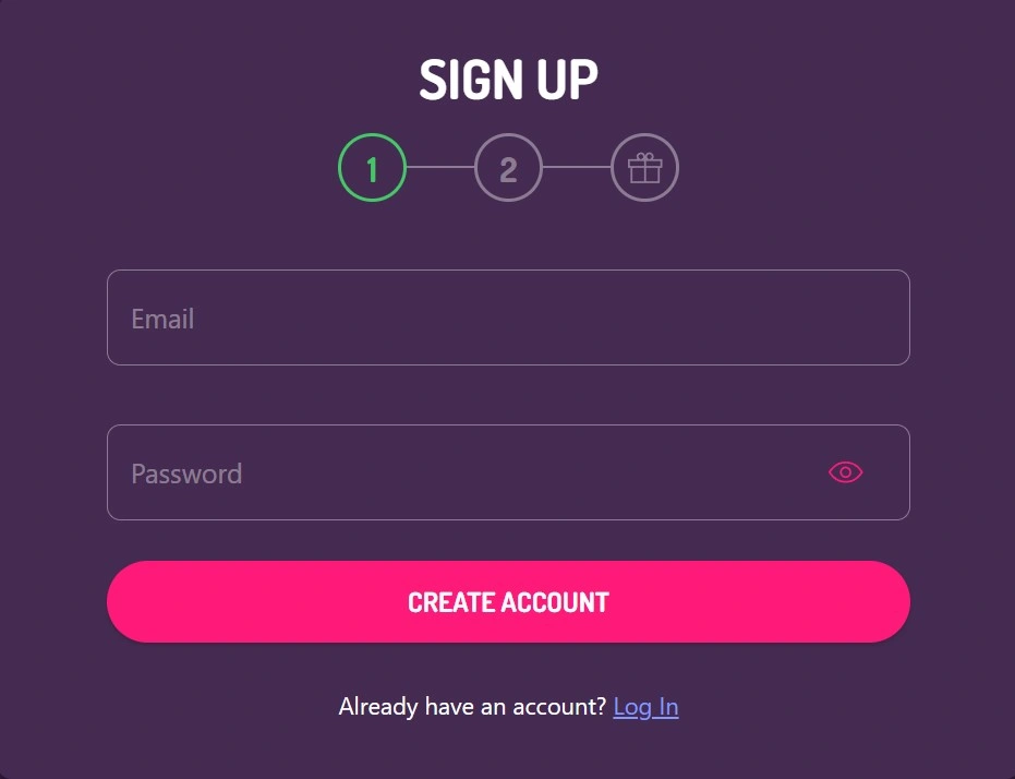 Pink Casino sign up registration form